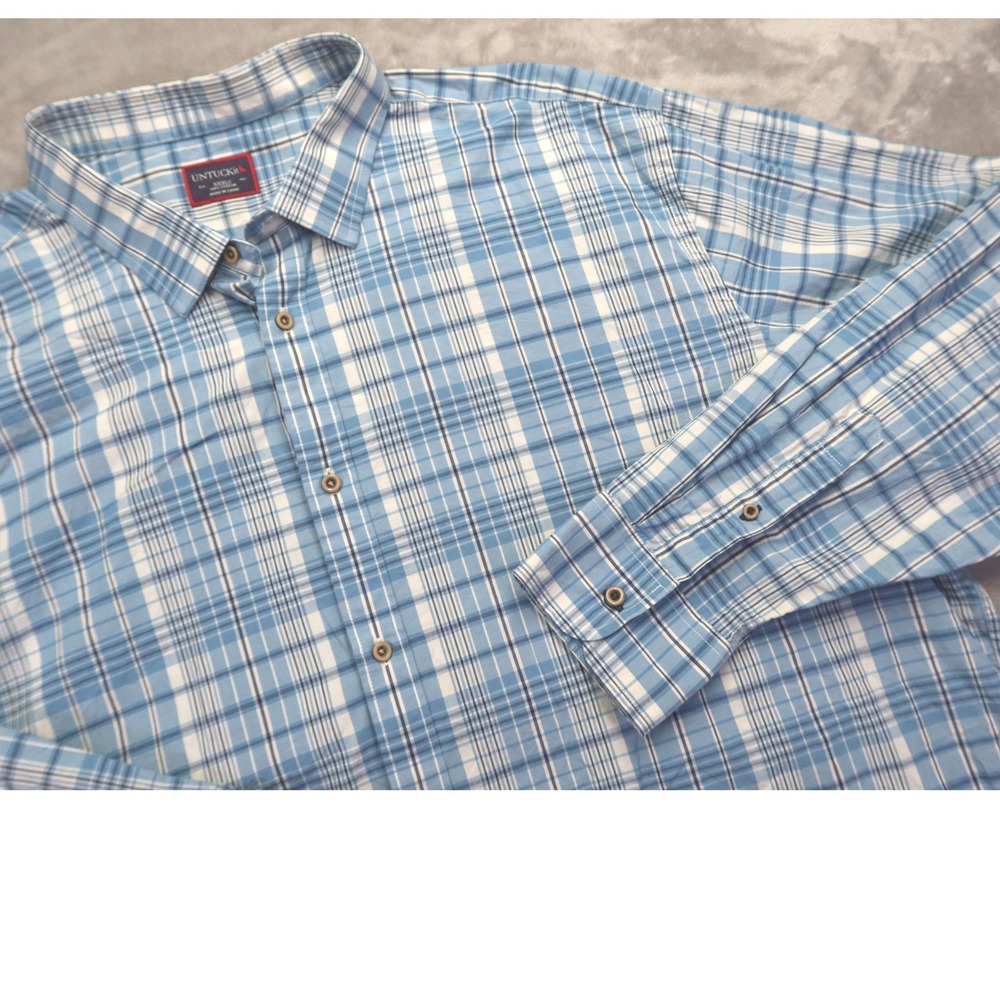UNTUCKit Men's XXXLC 3XL Blue White Plaid Cotton Long Sleeve Button Down Shirt